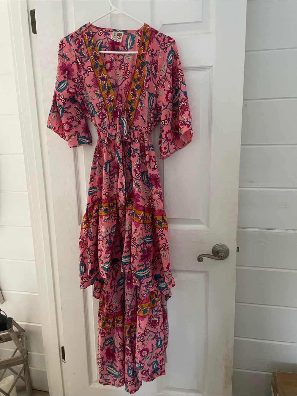 India Boutique Pink Floral Wrap Maxi Dress with Yellow Trim